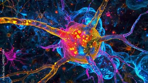 Vibrant microscopic image of a neuron with multiple dendrites © woters