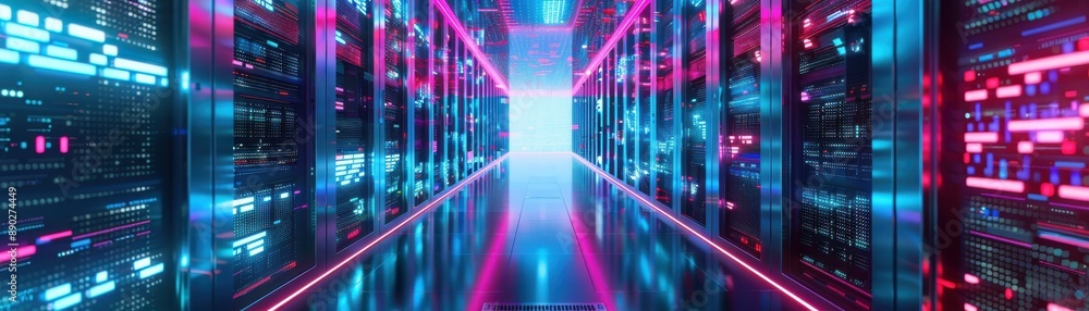 Futuristic data center corridor with glowing neon lights, servers, and reflective surfaces creating a high-tech, sci-fi atmosphere. Futuristic data center corridor with glowing neon lights, servers, and reflective surfaces creating a high-tech, sci-fi atmosphere.