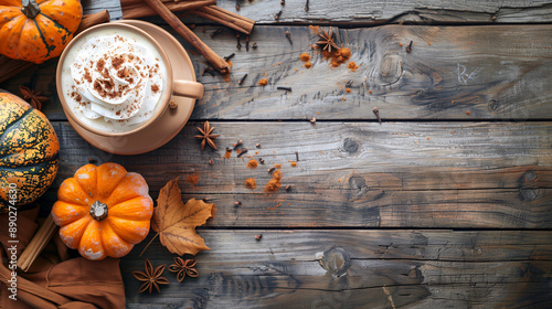 Fototapeta Naklejka Na Ścianę i Meble -  a spiced pumpkin latte, topped with whipped cream and a sprinkle of pumpkin pie spice, surrounded by small pumpkins and cinnamon sticks
