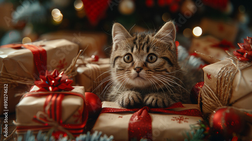 Beautiful cute kitten with a gift close-up © Anatoli