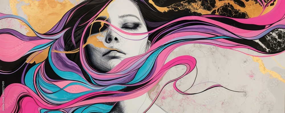 Naklejka premium A serene woman adorned with flowing hair, half her face resplendent in gold leaf and marble . The other half is a vivid explosion of pink, purple, blue, black, and white ink art .