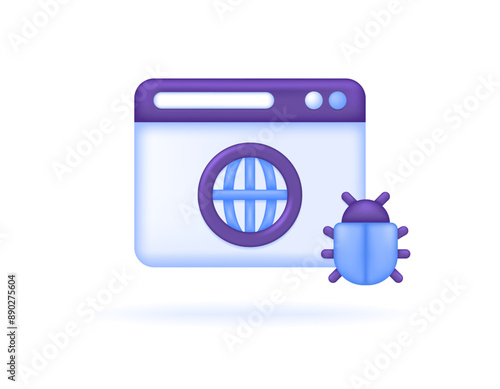 website bug concept. errors, problems, defects or gaps contained in the website. illustration of a browser window, website symbol, and insect. symbol or icon. minimalist 3d style design. graphic