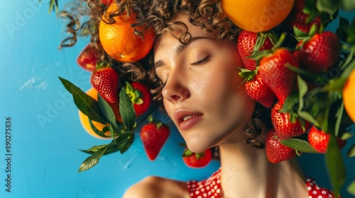 Fototapeta Naklejka Na Ścianę i Meble -  Woman with curly hair adorned with fruits