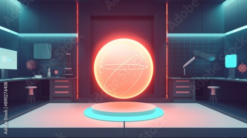 High-tech laboratory with a glowing atomic egg, detailed atomic structures visible within, surrounded by advanced scientific tools and holographic displays photo