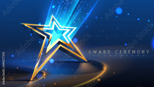 Elegant 3D star display stand with sparkling decoration and bright blue spotlights. Ideal for award ceremonies, celebrations and recognition events. Vector illustration.
