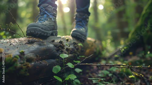 The hiking boots in forest photo