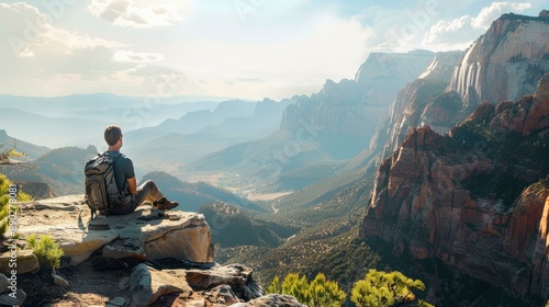 Wallpaper Mural Man sitting on cliff overlooking vast mountain range, enjoying the view. Torontodigital.ca