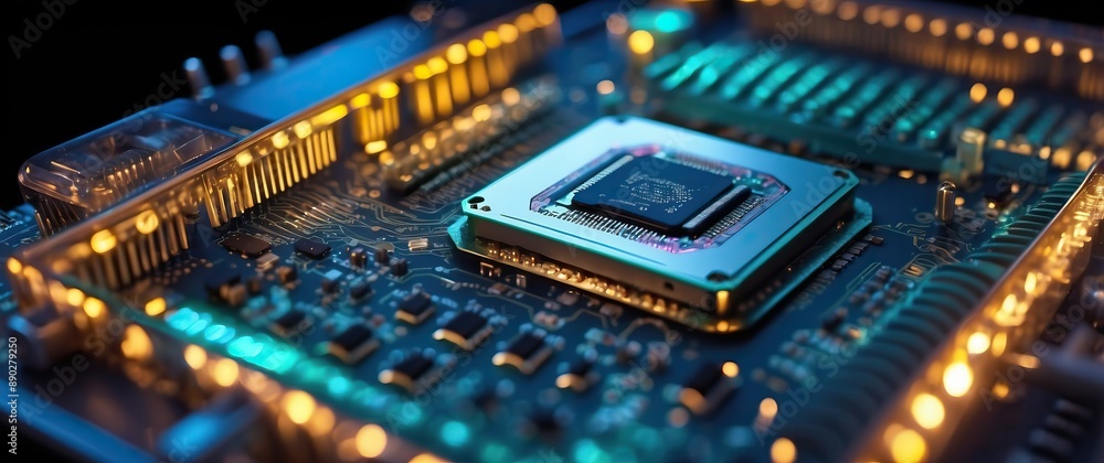 Fototapeta premium A close-up view of a microchip on a circuit board, symbolizing technology, innovation, and the future of electronics.