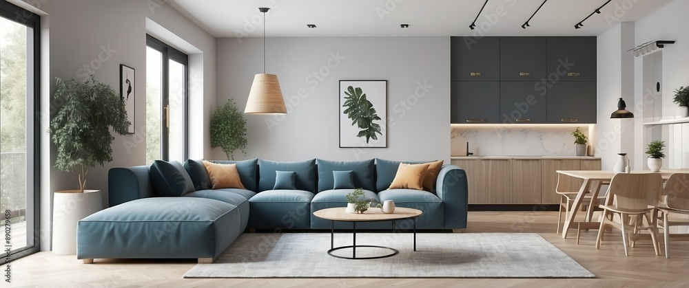 A modern living room featuring a cozy blue sofa and elegant decor, perfect for relaxation and inviting gatherings. A modern living room featuring a cozy blue sofa and elegant decor, perfect for relaxation and inviting gatherings.