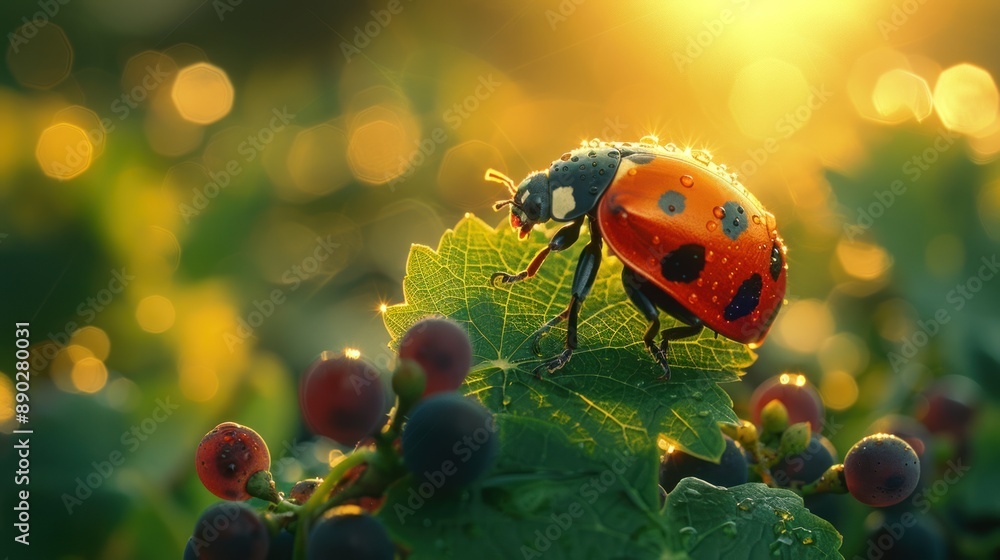 Ladybug on a Leaf with Dew Drops Ladybug on a Leaf with Dew Drops