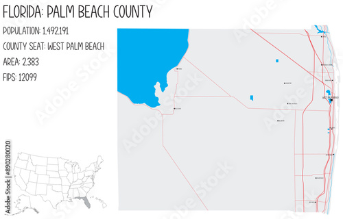 Large and detailed map of Palm Beach County in Florida, USA.