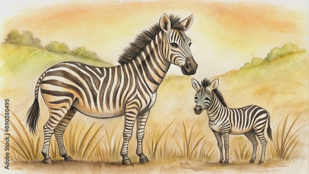 Fototapeta premium A majestic Plains zebra and its adorable foal stand confidently facing the camera, showcasing their striped coats and gentle curiosity in the African savannah.