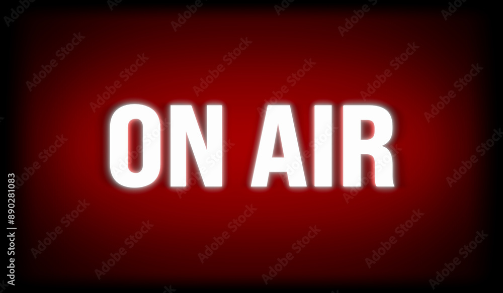 On Air sign. White illumintaed letters, red background with dark edges. Radio, TV, broadcasting, television, breaking news, live, entertainment, warning sign, recording studio. On Air sign. White illumintaed letters, red background with dark edges. Radio, TV, broadcasting, television, breaking news, live, entertainment, warning sign, recording studio.