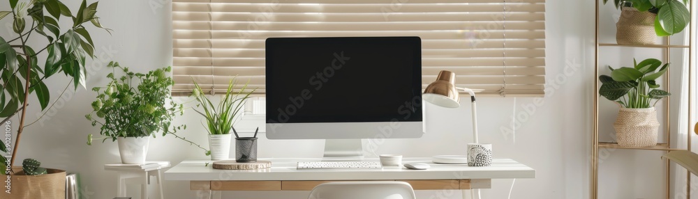 Modern minimalist home office with a desktop computer, potted plants, lamp, and natural light, creating a calming work environment. Modern minimalist home office with a desktop computer, potted plants, lamp, and natural light, creating a calming work environment.