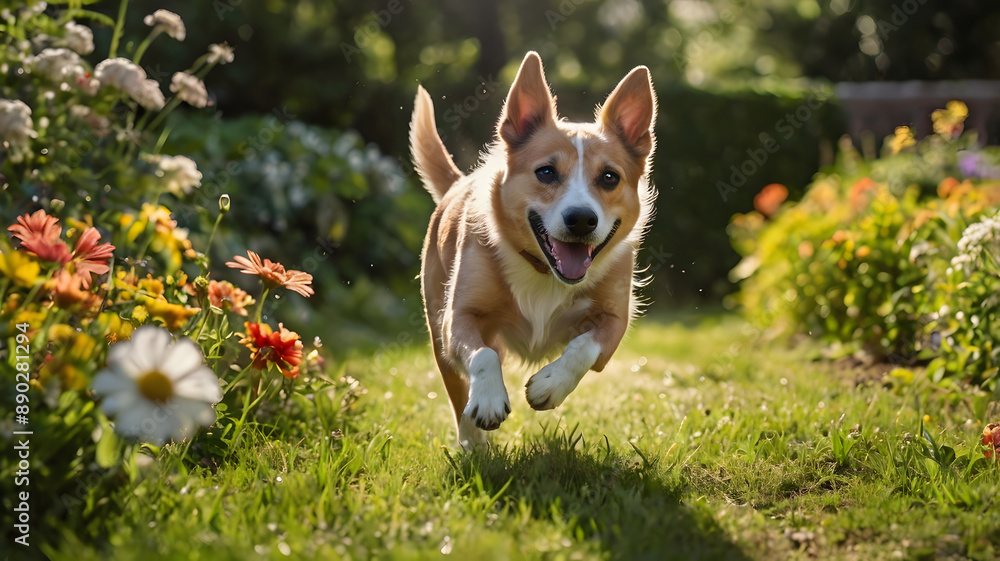 Joyful Dog Sprinting Across a Lush Green Garden in Sunlight Joyful Dog Sprinting Across a Lush Green Garden in Sunlight