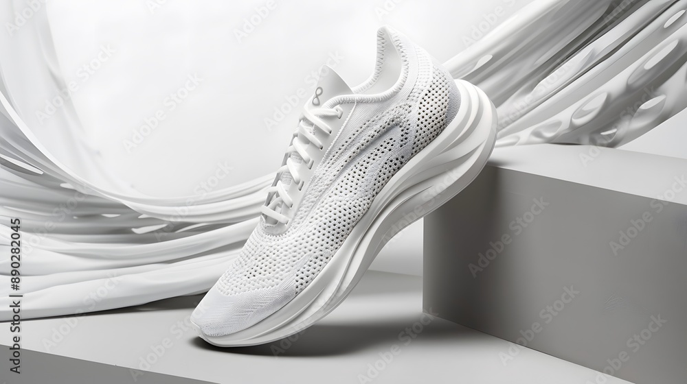 The shot of a white running sport sneaker shoe pair isolated on a white orange grey blue background. The shot of a white running sport sneaker shoe pair isolated on a white orange grey blue background.