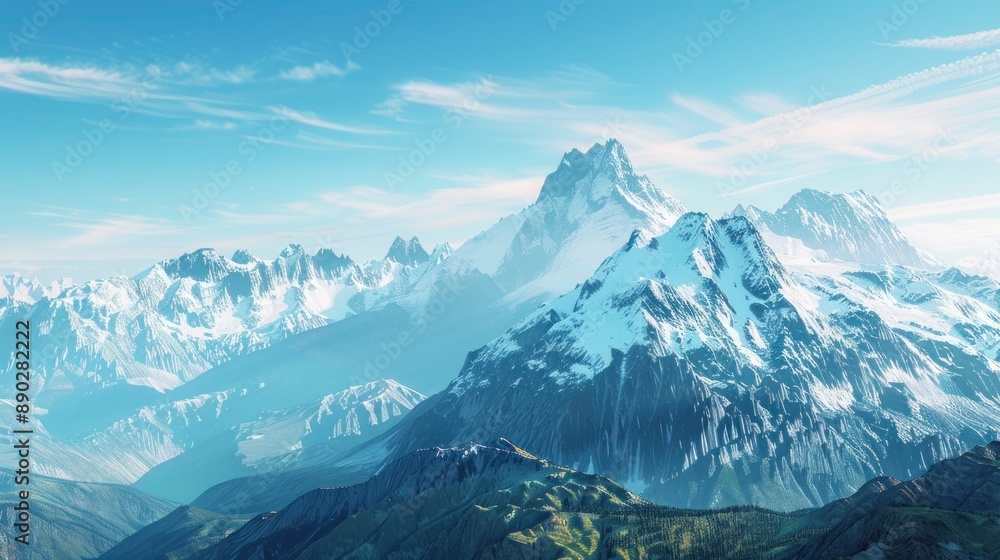 Fototapeta premium A serene mountain landscape with snow-capped peaks and a clear blue sky, perfect for a peaceful and inspiring space.