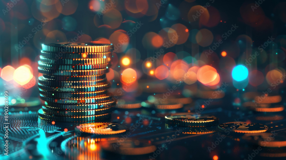 Stack of golden coins under neon lights, bokeh background, modern and vibrant, ideal for finance, cryptocurrency, wealth, and investment themes. Stack of golden coins under neon lights, bokeh background, modern and vibrant, ideal for finance, cryptocurrency, wealth, and investment themes.