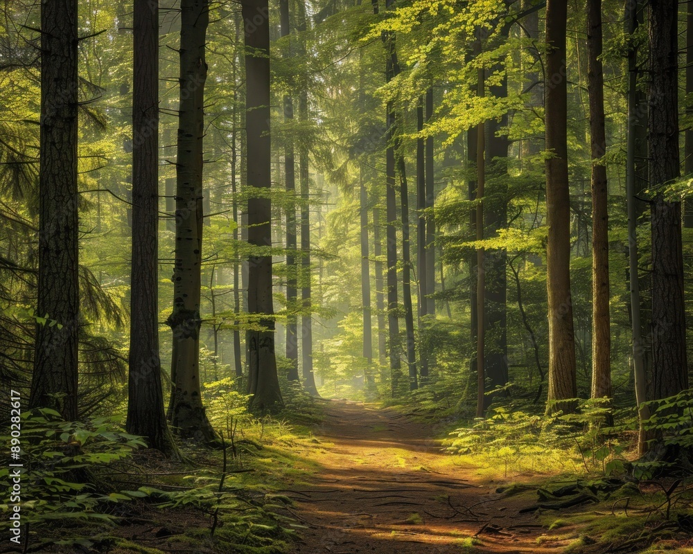 Fototapeta premium A serene forest scene with a pathway leading through tall trees and dappled sunlight, perfect for a calming and peaceful space.