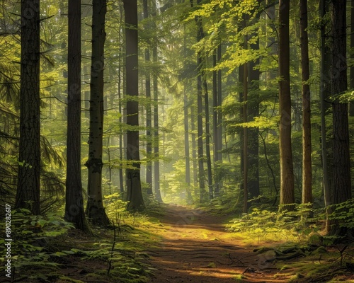 A serene forest scene with a pathway leading through tall trees and dappled sunlight, perfect for a calming and peaceful space. © Naveed