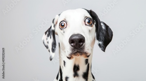 A black and white dog with a surprised expression on its face. The dog's eyes are wide open and its nose is pointed forward