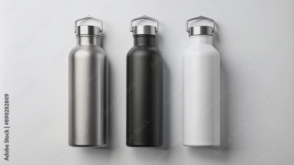 Sleek black and white matte stainless steel water bottles with caps sit arranged on a plain gray background, highlighting modern minimalist design and simplicity. Sleek black and white matte stainless steel water bottles with caps sit arranged on a plain gray background, highlighting modern minimalist design and simplicity.