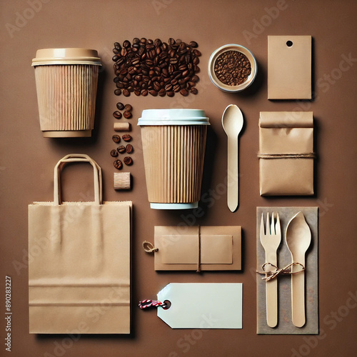 paper bags and plastic cup for take away set top view space for text