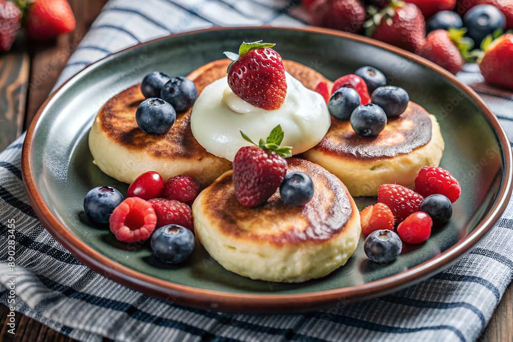 russian syrnikiม fried quark pancakes topped with mix berrys russian syrnikiม fried quark pancakes topped with mix berrys
