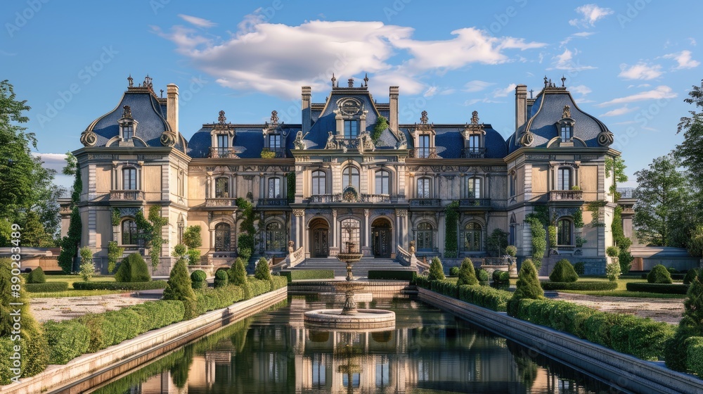 Fototapeta premium A grand, French chateau with ornate architecture, manicured gardens, and a reflective pond.