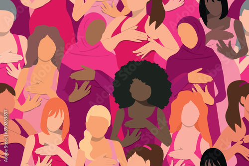 Seamless pattern of women doing breast self-examination. Breast Cancer Month background. 