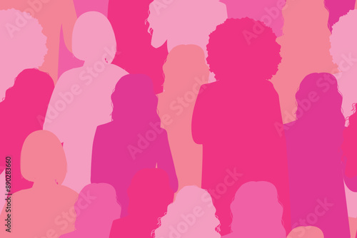 Seamless pattern with women silhouette in pink colors. Breast cancer concept. Disease prevention, solidarity or charity campaign flyer.