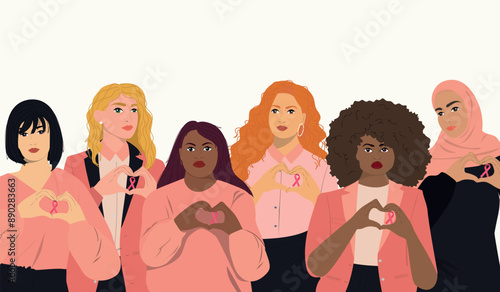 Breast cancer awareness month banner. Multiethnic group of women with pink ribbon. Disease prevention, solidarity or charity campaign flyer.