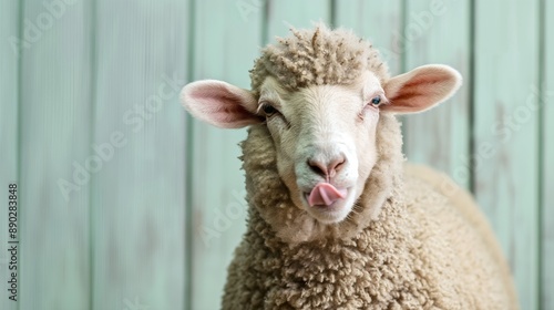 A sheep is licking its lips and looking at the camera. The sheep is white and has a pink tongue