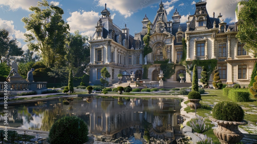 A grand, French chateau with ornate architecture, manicured gardens, and a reflective pond. A grand, French chateau with ornate architecture, manicured gardens, and a reflective pond.