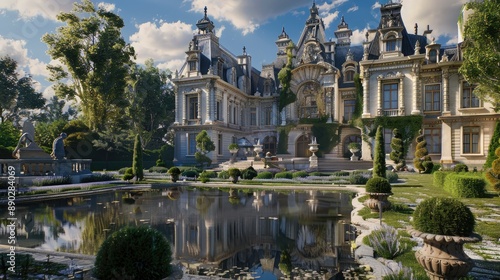 A grand, French chateau with ornate architecture, manicured gardens, and a reflective pond.