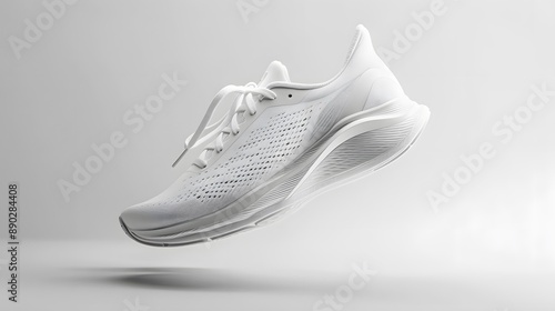 The shot of a white running sport sneaker shoe pair isolated on a white orange grey blue background.  photo