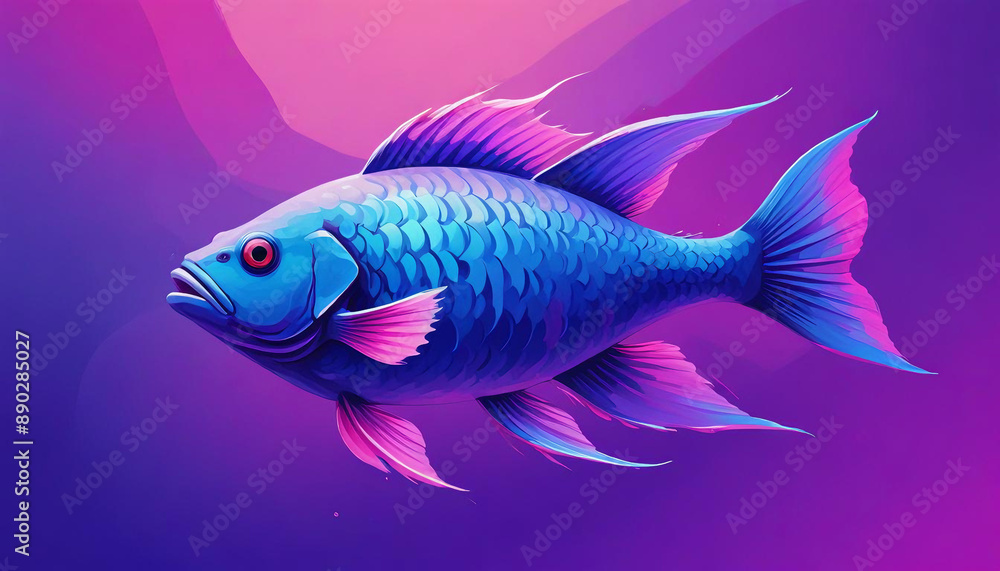 Stylized illustration of a fish ,in 80s synthwave inspired colours,blues,pinks ,purple Stylized illustration of a fish ,in 80s synthwave inspired colours,blues,pinks ,purple