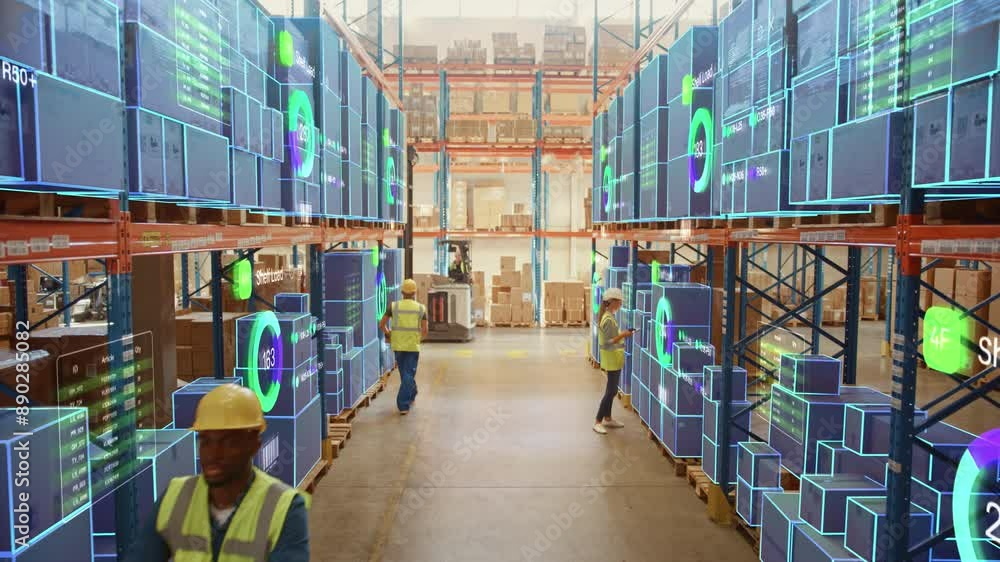 Robotic Vision Concept in a Warehouse: Workers Managing Inventory at Logistics Center. Holographic Data Overlays on Boxes and Providing Insights, AI Optimizing Productivity in a High Tech Environment