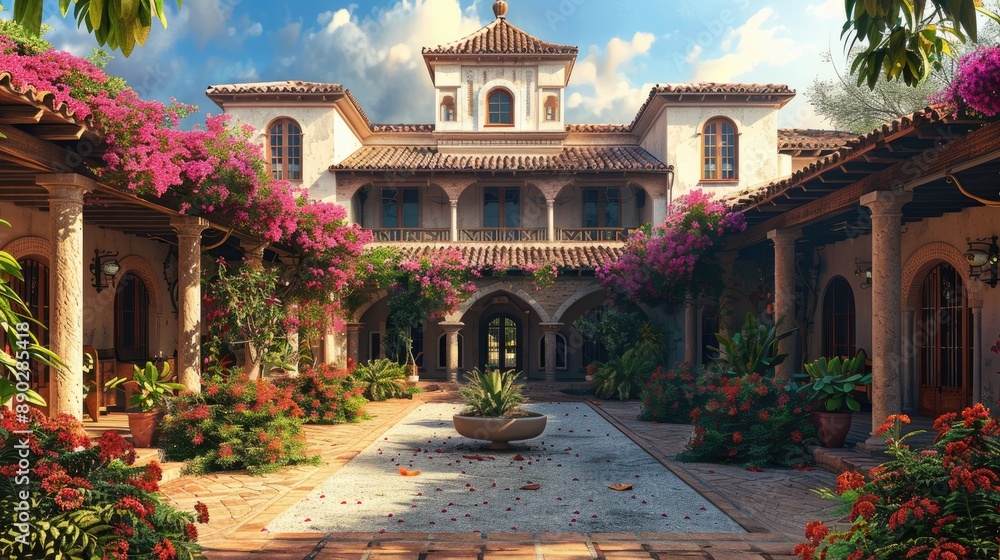 Obraz premium A grand, Spanish hacienda with a central courtyard, terracotta roof tiles, and vibrant bougainvillea.