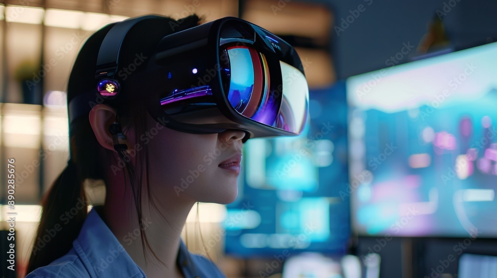 Amazed young woman is wearing VR set, having interesting experience. Horizontal studio shot Amazed young woman is wearing VR set, having interesting experience. Horizontal studio shot