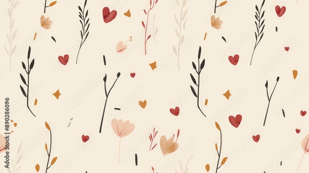 Abstract floral pattern with hearts and branches in brown, red and beige tones. Abstract floral pattern with hearts and branches in brown, red and beige tones.