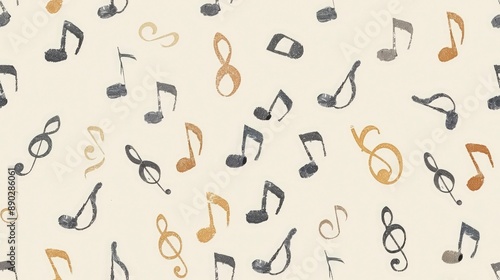 Abstract background with music notes in black and gold on white.