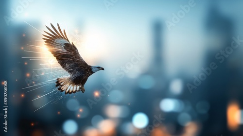 A majestic eagle with feathers made of light, soaring over a futuristic cityscape photo