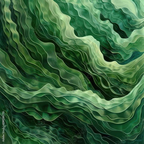 abstract organic composition featuring undulating green lines and curves creating a soothing and natural flowing pattern reminiscent of lush foliage