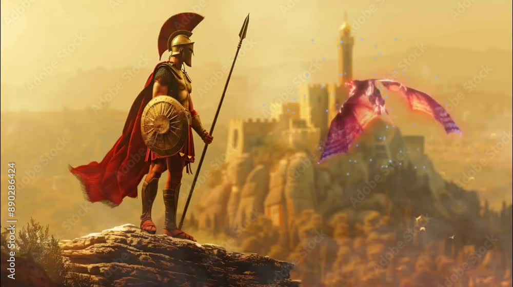 Ancient Warrior Facing a Monster on Medieval Castle Background. Seamless looping time-lapse 4k video animation background Ancient Warrior Facing a Monster on Medieval Castle Background. Seamless looping time-lapse 4k video animation background