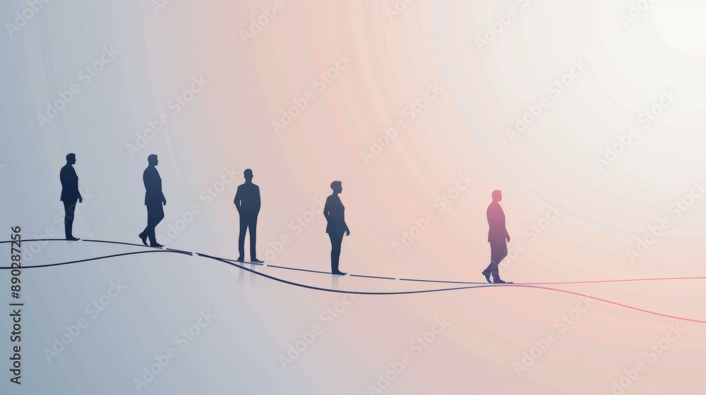 Silhouettes of people walking on a curved path. Five silhouettes of people walking on a curved path with a white background and pink and blue hues. Silhouettes of people walking on a curved path. Five silhouettes of people walking on a curved path with a white background and pink and blue hues.