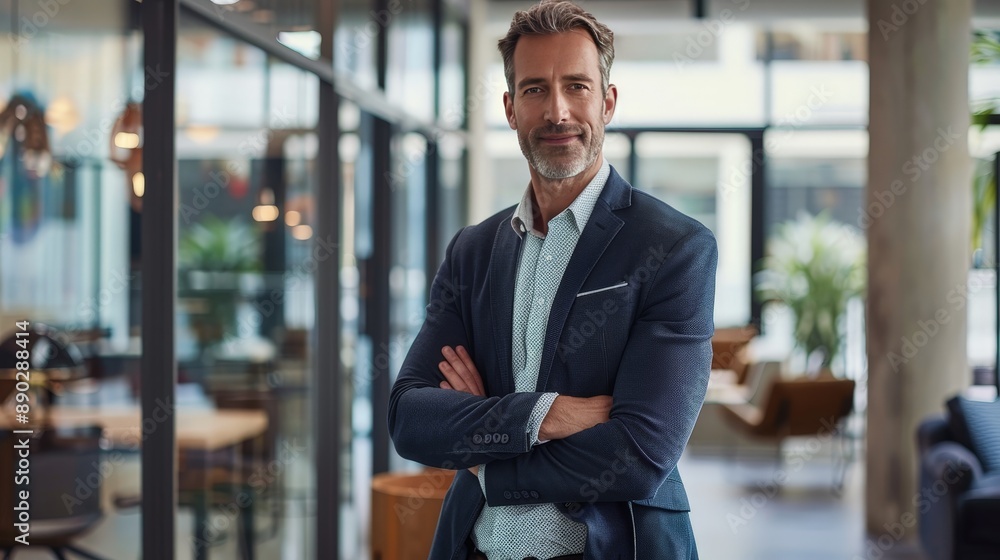 An adult professional stands confidently in a modern office, showcasing their expertise in marketing and business development. An adult professional stands confidently in a modern office, showcasing their expertise in marketing and business development.