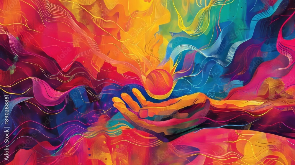 Vibrant hand reaching for a sun. Abstract illustration of a hand reaching up towards a glowing sphere in a vibrant swirl of colors. Vibrant hand reaching for a sun. Abstract illustration of a hand reaching up towards a glowing sphere in a vibrant swirl of colors.
