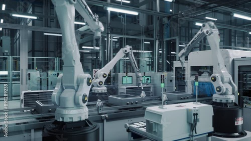 Autonomous Factory with White Robotic Arms Assembling Components on a Production Line, Showcasing Advanced Automation and Engineering in a High Tech Manufacturing Environment photo