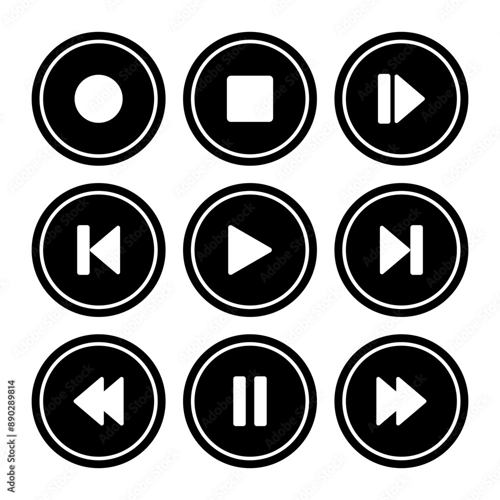 Set of black icons play pause and so on on a white background Set of black icons play pause and so on on a white background